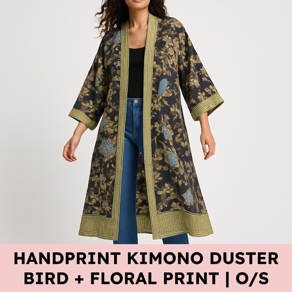 Handprint Cotton Boho Kimono Duster Robe Bird Floral Print OS Black - Picture 12 of 12